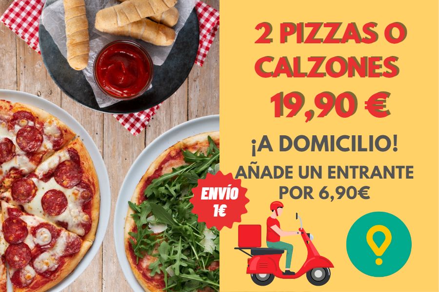 Dos pizzas o calzones por 19,90€. Pizza sin gluten y sin lactosa a domicilio. Envío 1€. Glovo